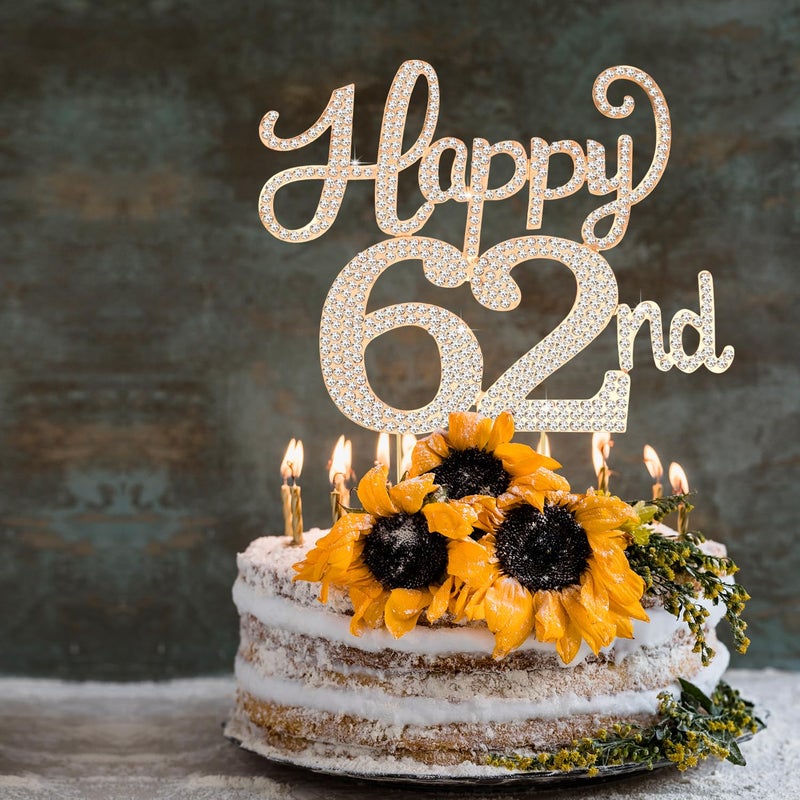 LASKYER Happy 62nd Birthday Decorations,62nd Birthday Gold Rhinestone Cake Topper - Cheers to 62 Years Old Bday Party Metal Sparkly Cake Centerpieces Sign. - Image 4
